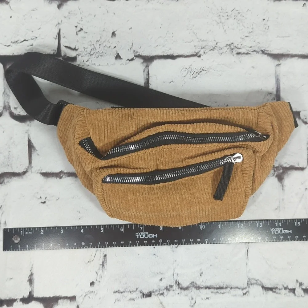 Waist Pouch Fanny Patch Zippered Corduroy Tan Mustard‎
